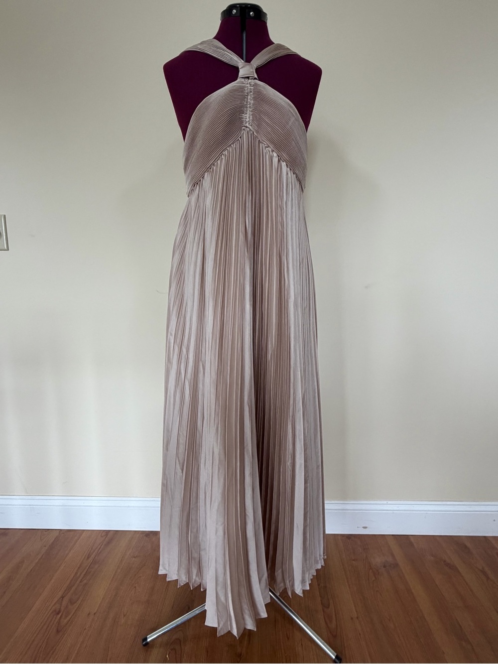 Sleeveless Pleated Halter Maxi Dress in Light Taupe - Anewsta
